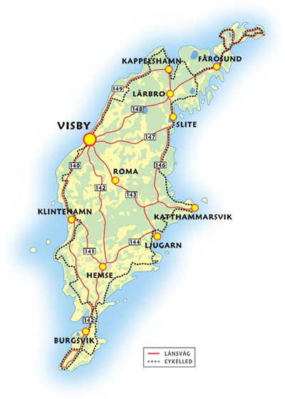 Kartan visar var på Gotland finns Visby, Kappelshamn, Lärbro, Fårösund, Roma, Slite, Katthammarsvik, Ljugarn, Hemse, Burgsvik och Klintehamn
