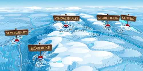 Kartan visar var i Vemdalen finns Vemdalen by, Björnrike, Vemdalsskalet, Klövsjö och Storhogna