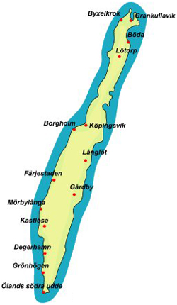 Kartan visar var på Öland finns Borgholm, Köpingsvik, Byxelkrok, Färjestaden, Mörbylånga, etc.