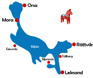 Kartan visar var runt Siljan finns Leksand, Rättvik, Mora, Orsa, Tällberg, Siljansnäs och Gesunda