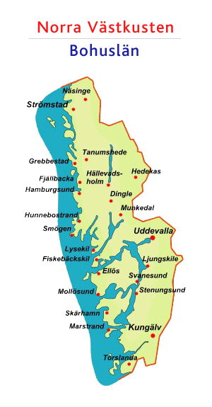 Kartan visar norra västkusten, dvs främst Bohuslän från Strömstad till Göteborgs skärgård